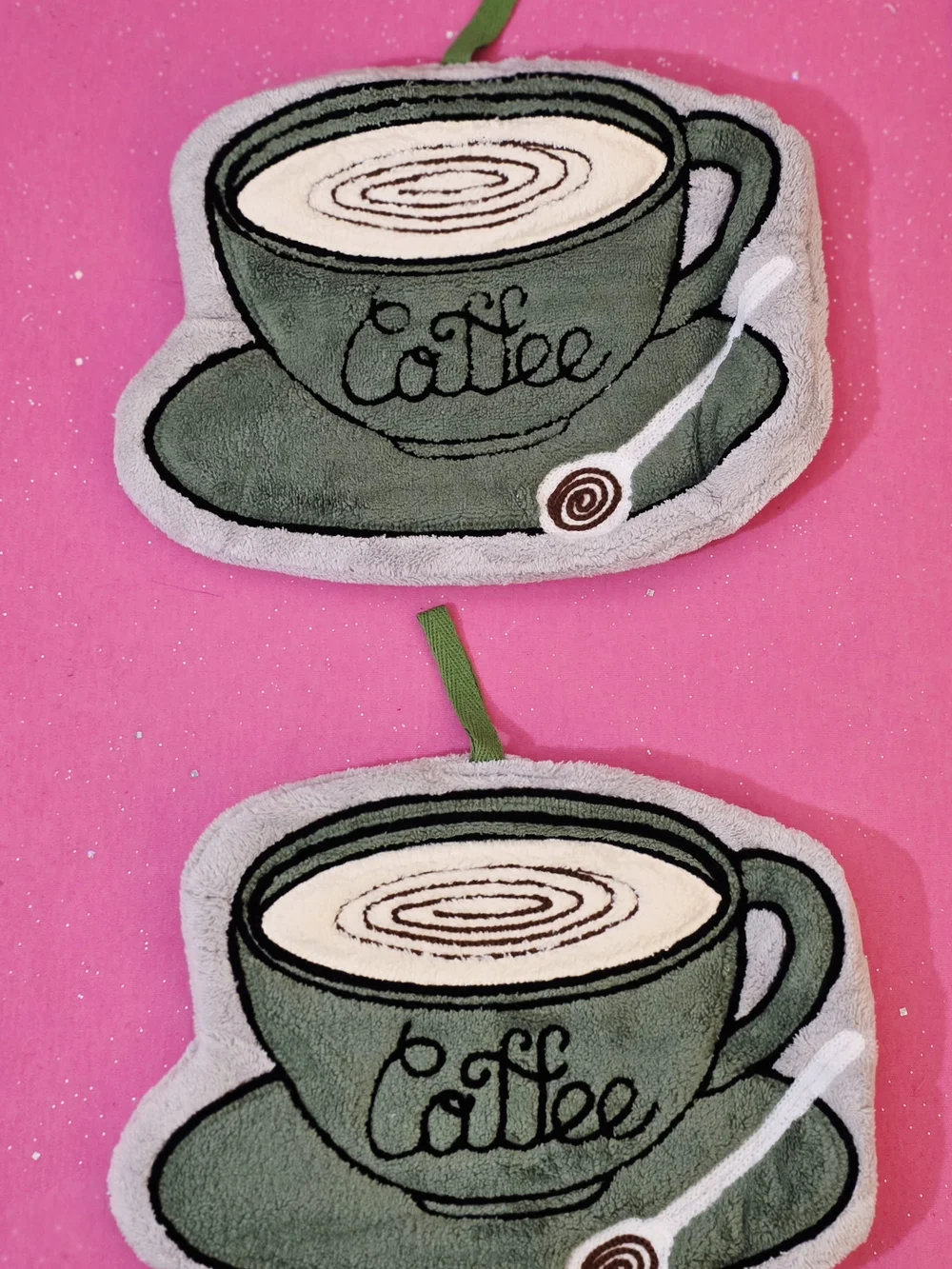 2pc Green Coffee Cup Plush Hand Towel For Kitchen, Bathroom Or Lathering Soap